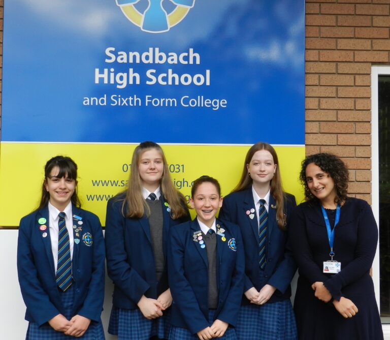 Sandbach High Pupils from left to right: Sophie, Eleanor, Eveyln, Chloe, Mrs Walton, Headteacher